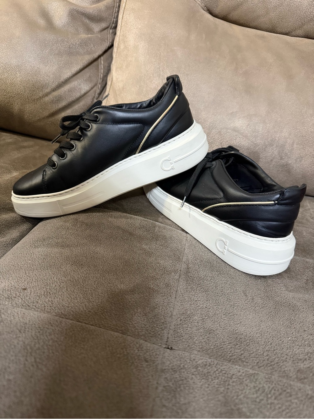 Salvatore Ferragamo Black Leather Platform Sneakers with White Soles